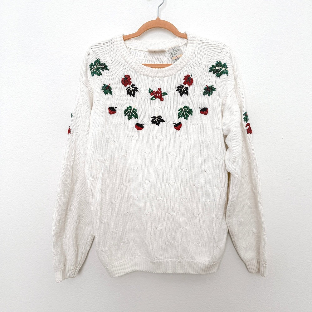 VTG Northern Reflections Womens Sweater Size L White Holiday‎ Embroidered 90s